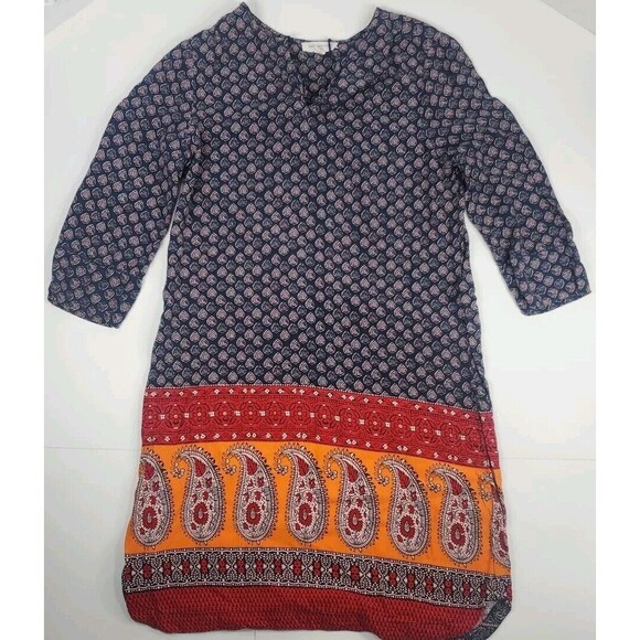 Beach Lunch Lounge Midi Smocked Tunic Dress Paisley Light‎ Vicose XS Boho Chic - Picture 1 of 8